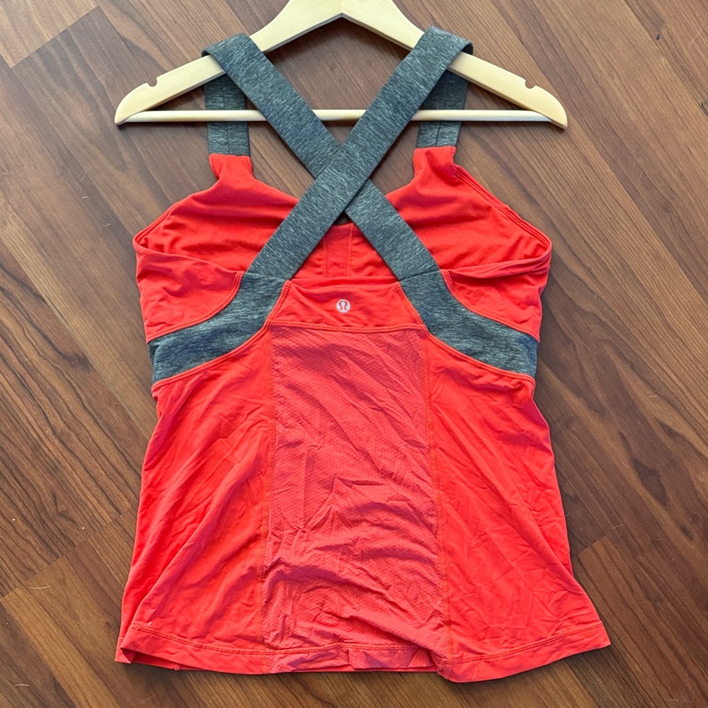 Lululemon Push Ur Limits Tank Top in coral red with heathered gray accents.